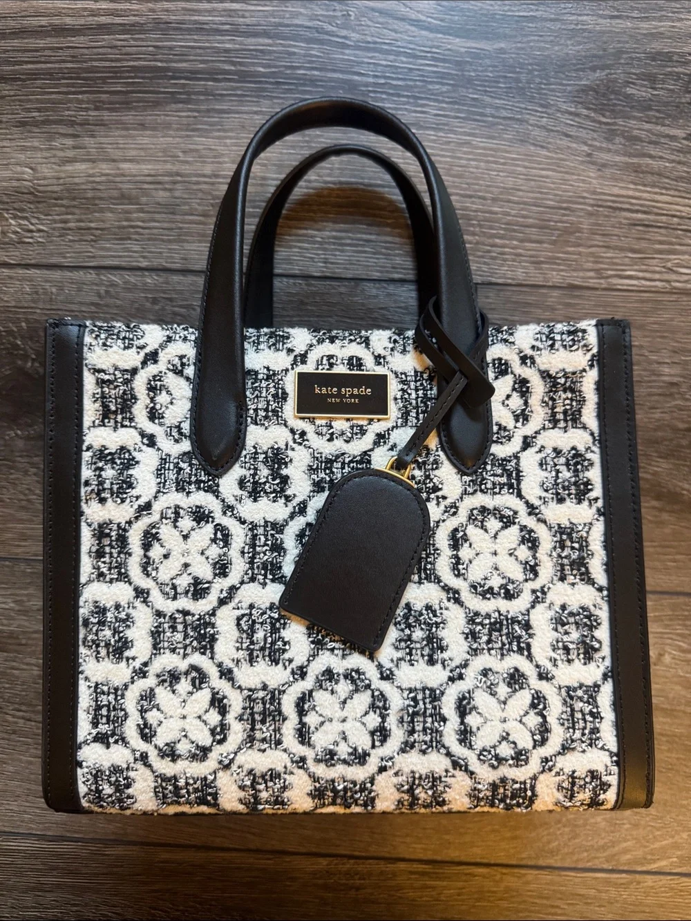 Kate Spade Black and White Textured Tote with Flowers
